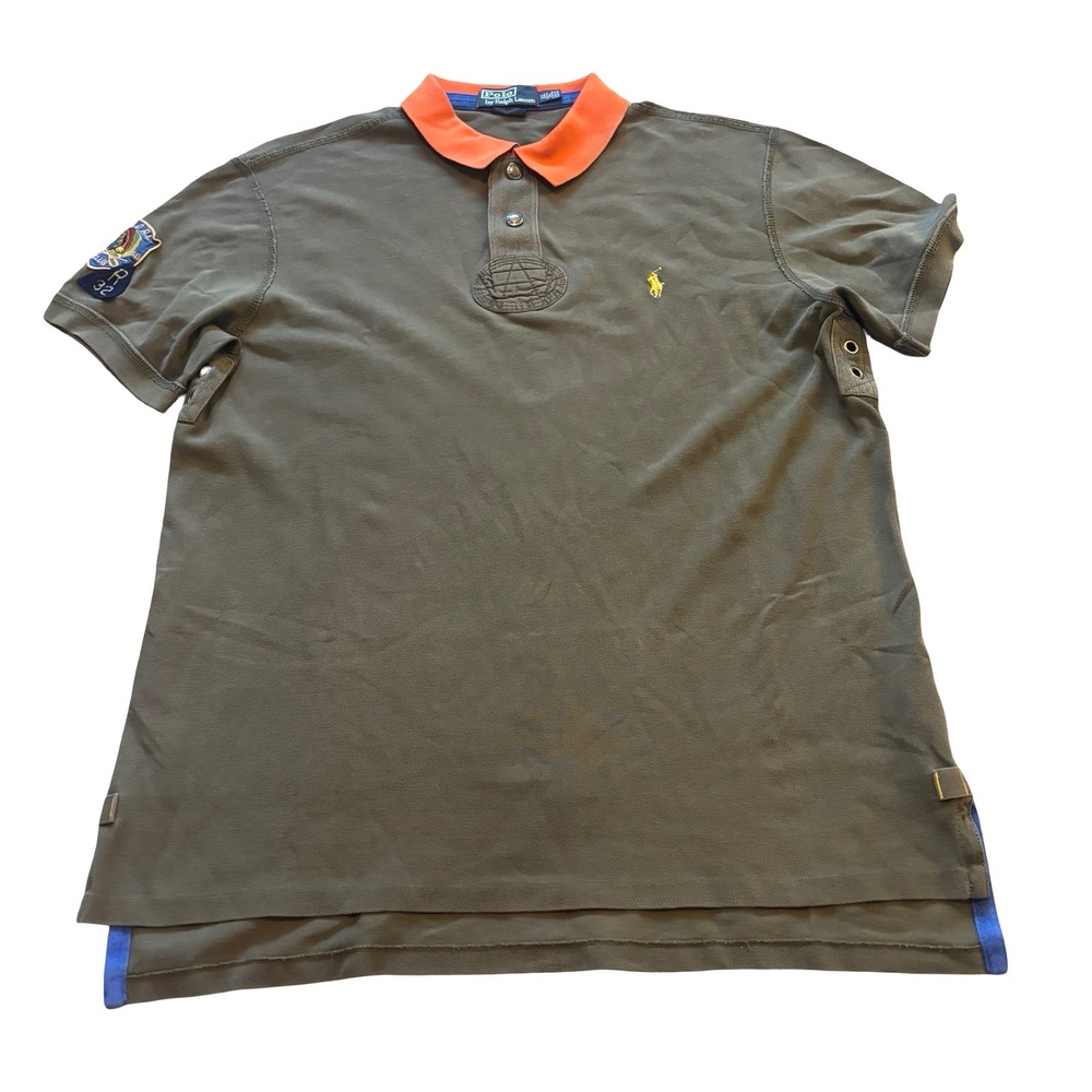 Polo Ralph Lauren Mens‎ XL Custom Fit Olive Green Orange Collar Kayak Club Polo